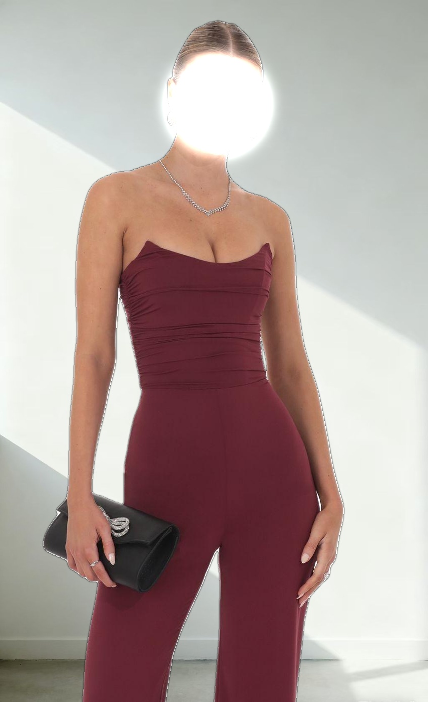 Strapless Pointed Corset Jumpsuit in Burgundy
