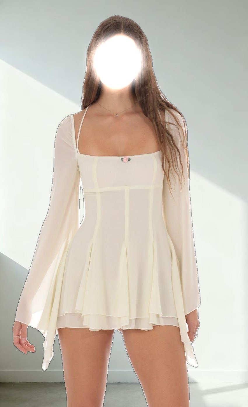 Chiffon Flare Sleeve A-line Dress in Cream