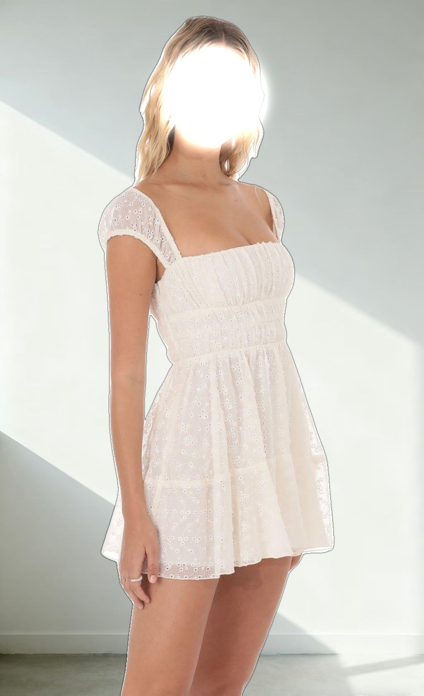 Chiffon Eyelet Cap Sleeve Dress in Cream