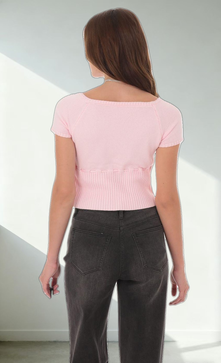 Knit Drawstring Cinch Top in Pink