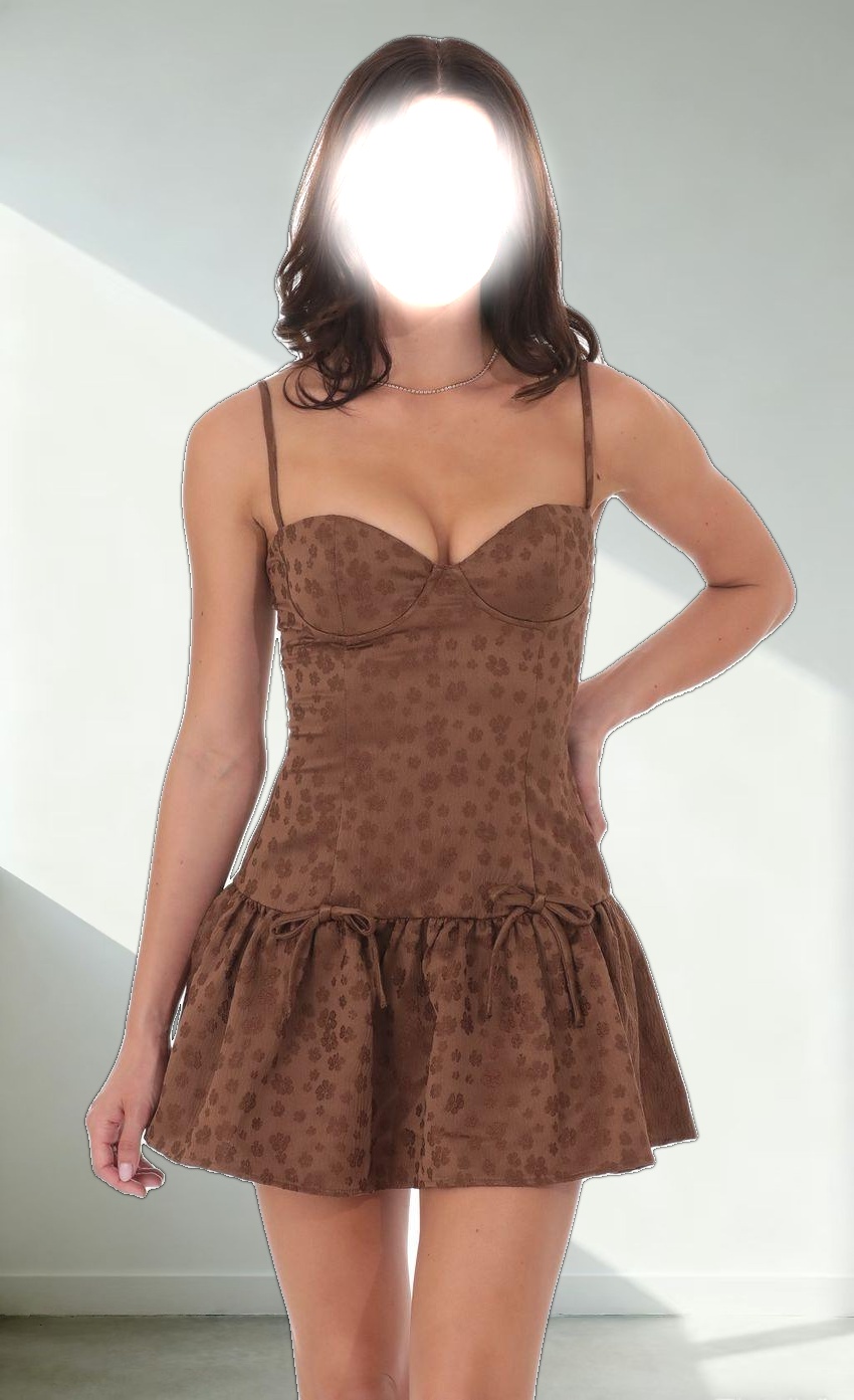 Floral Double Bow Drop Waist Dress in Brown