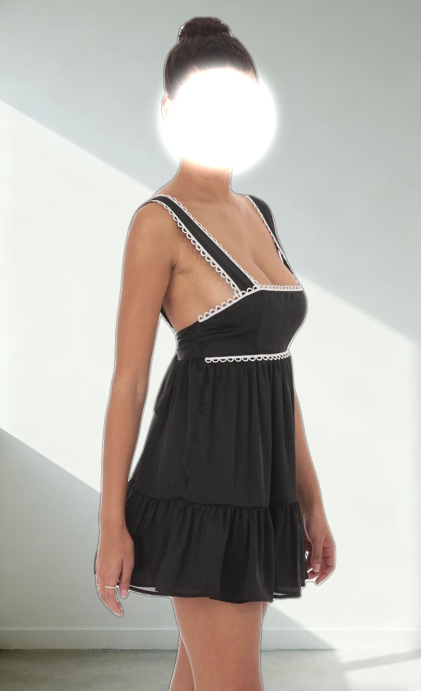 Embroidered Trim Babydoll Dress in Black