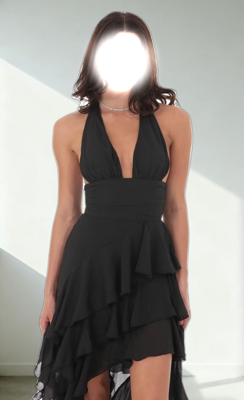 Asymmetrical Ruffle Maxi Dress in Black