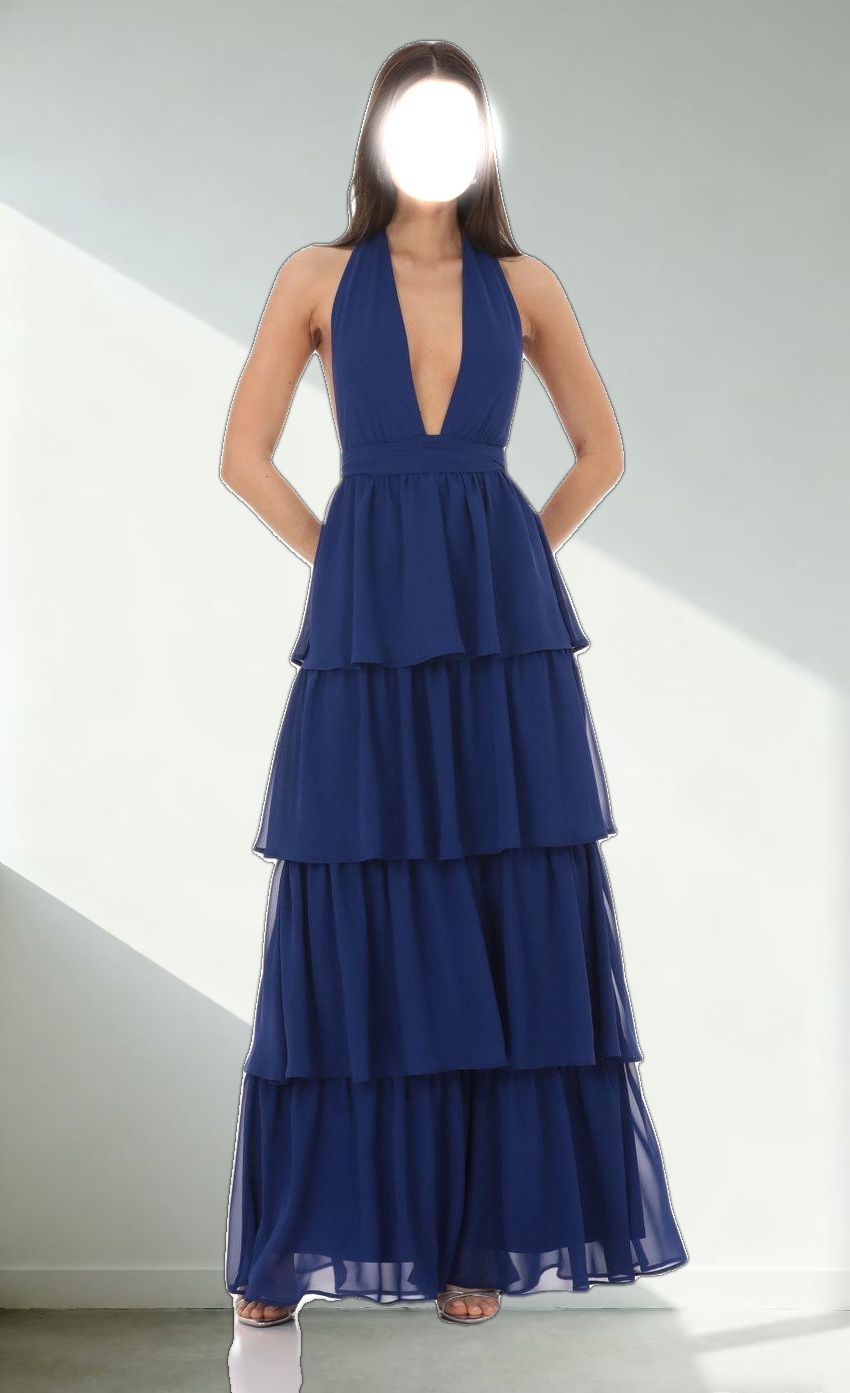 Chiffon Plunge Ruffle Dress in Blue
