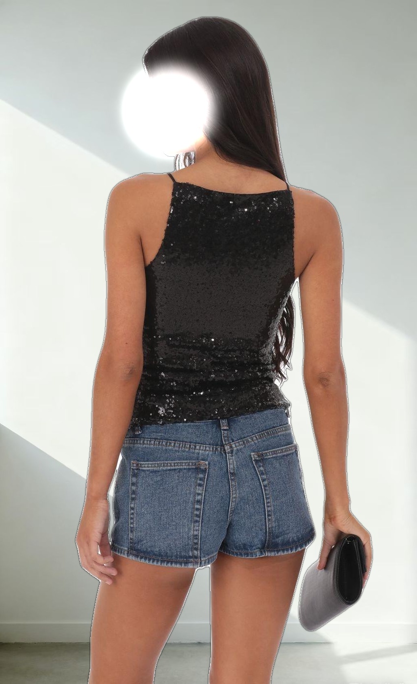 Sequin Straight Neck Top in Black