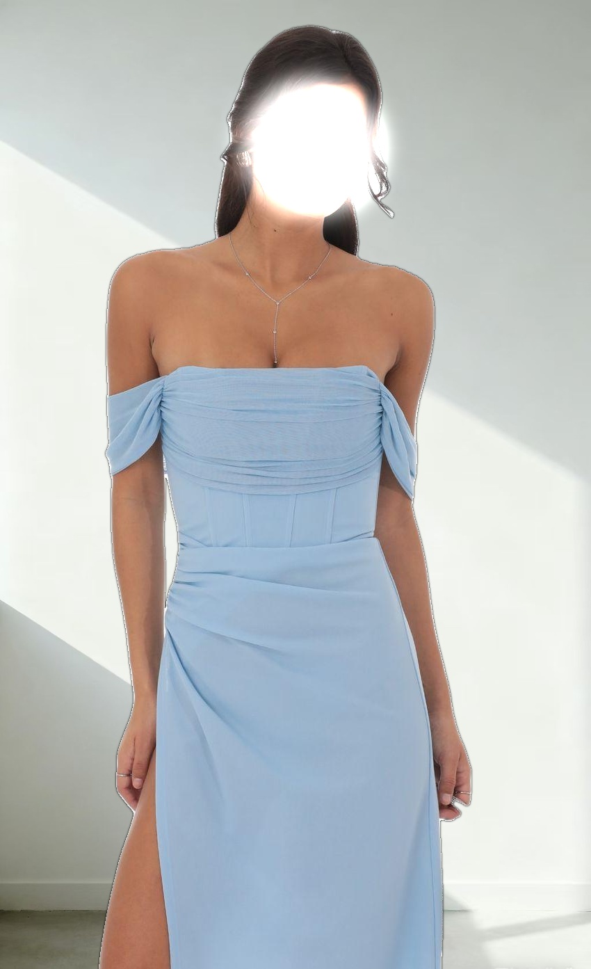 Mesh Draped Corset Maxi Dress in Light Blue