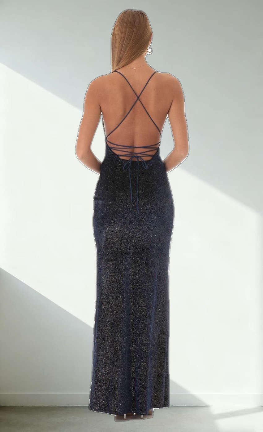 Velvet Glitter High Slit Maxi in Navy