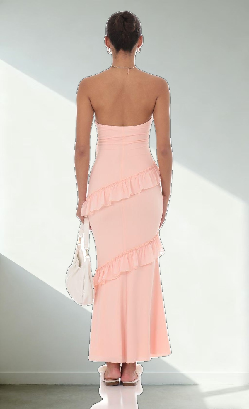 Strapless Spiral Ruffle Maxi Dress in Peach