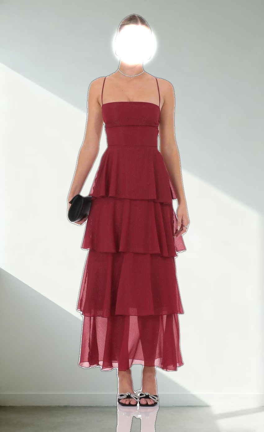 Shimmer Crinkle Maxi Dress in Maroon