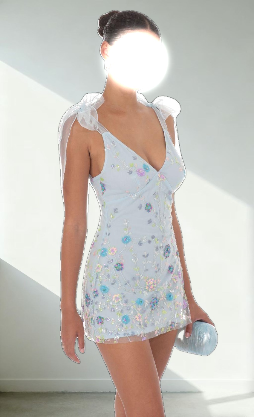 Floral Sequin V-Neck Dress in Blue