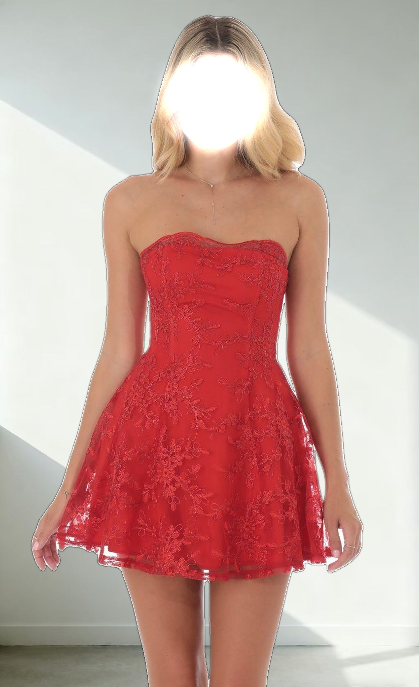 Embroidered Floral Strapless Dress in Red