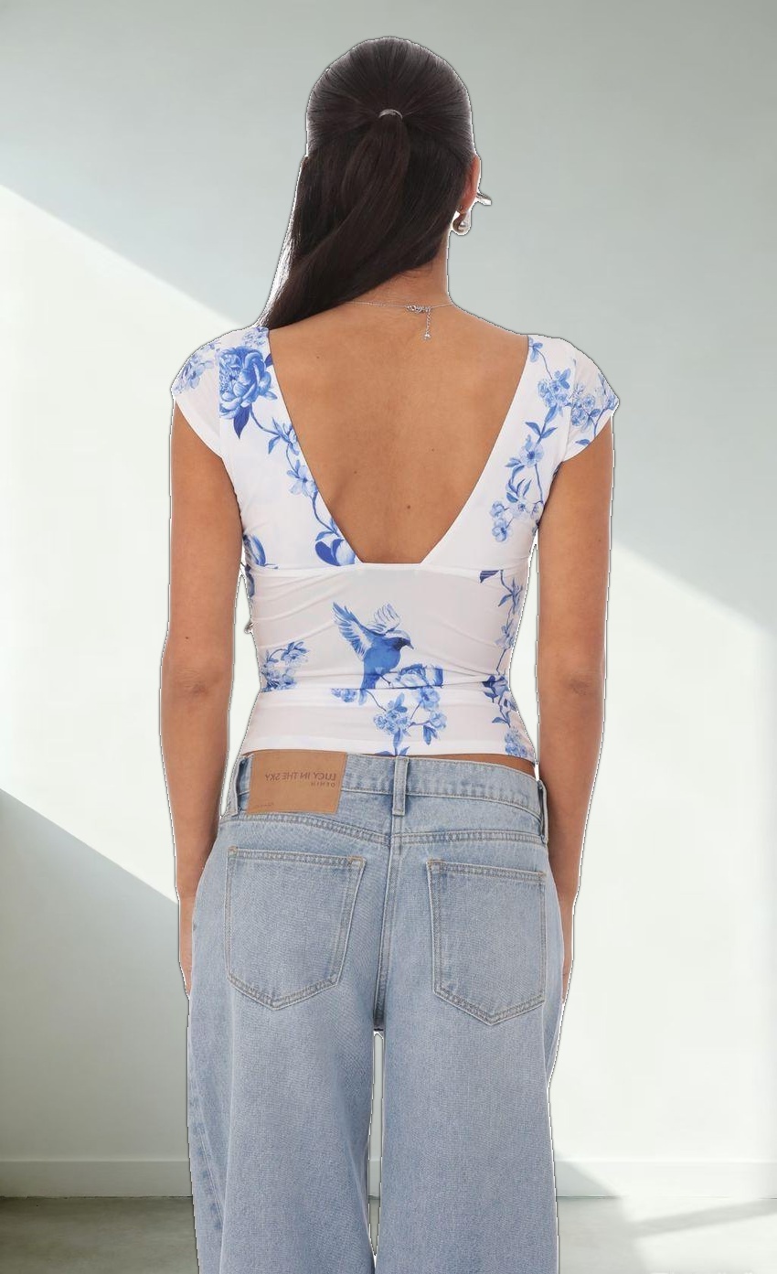 Floral Short Sleeve V-Neck Top in White
