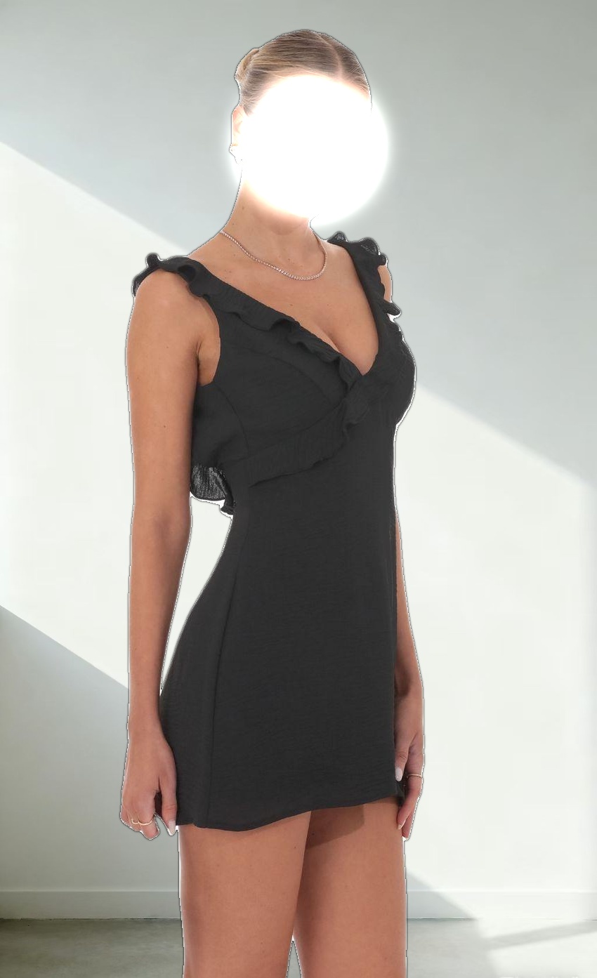 Ruffle V-Neck Dress in Black