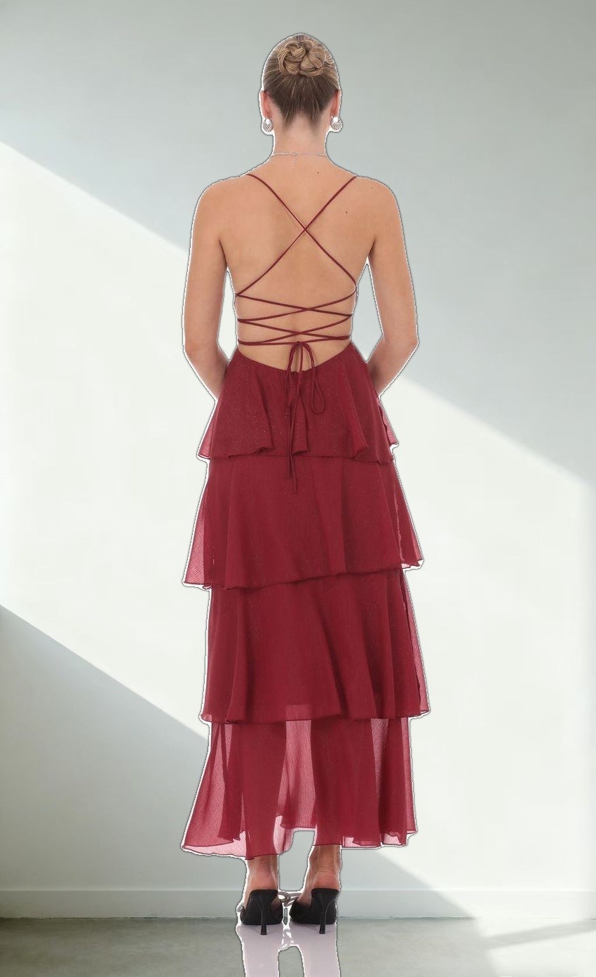 Shimmer Crinkle Maxi Dress in Maroon