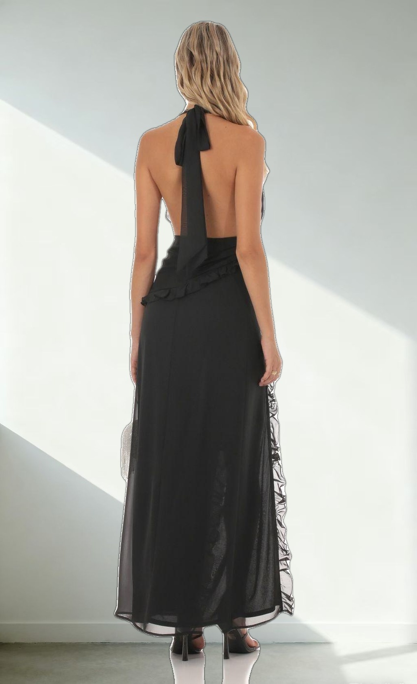 Plunge Neck Halter Dress in Black