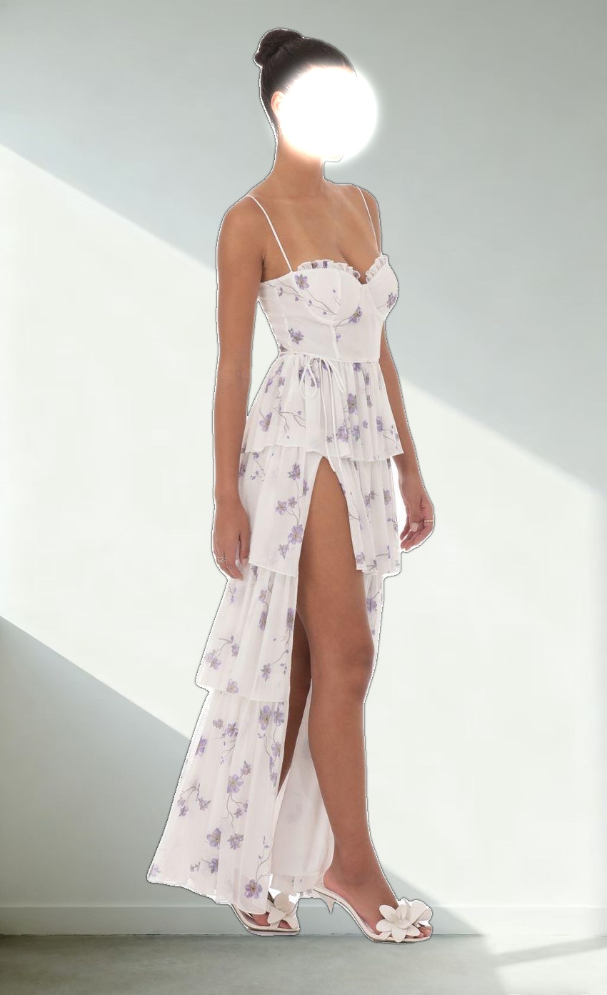 Floral Mesh Ruffle Maxi Dress in White