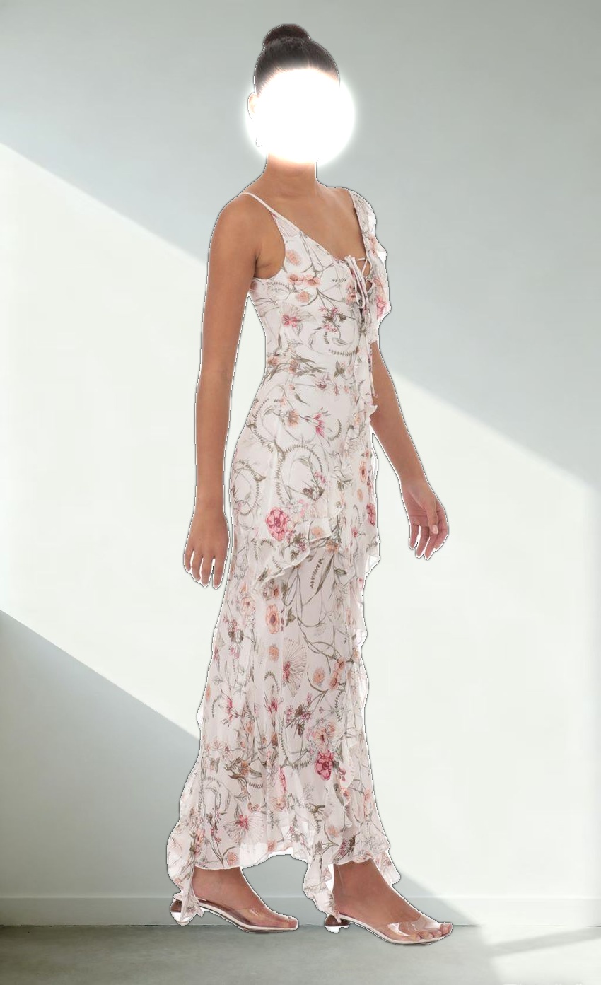 Floral Chiffon Ruffle Maxi Dress in White