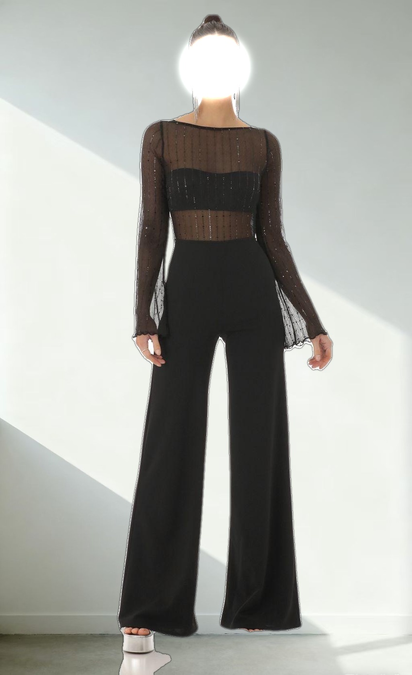 Sequin Striped Long Sleeve Jumpsuit in Black