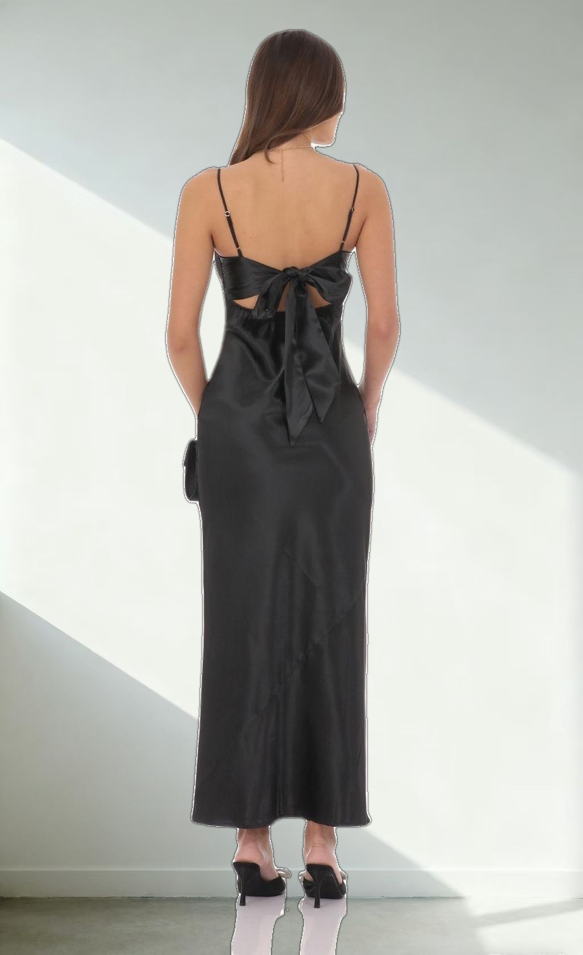 Satin Back Tie Maxi Dress in Black