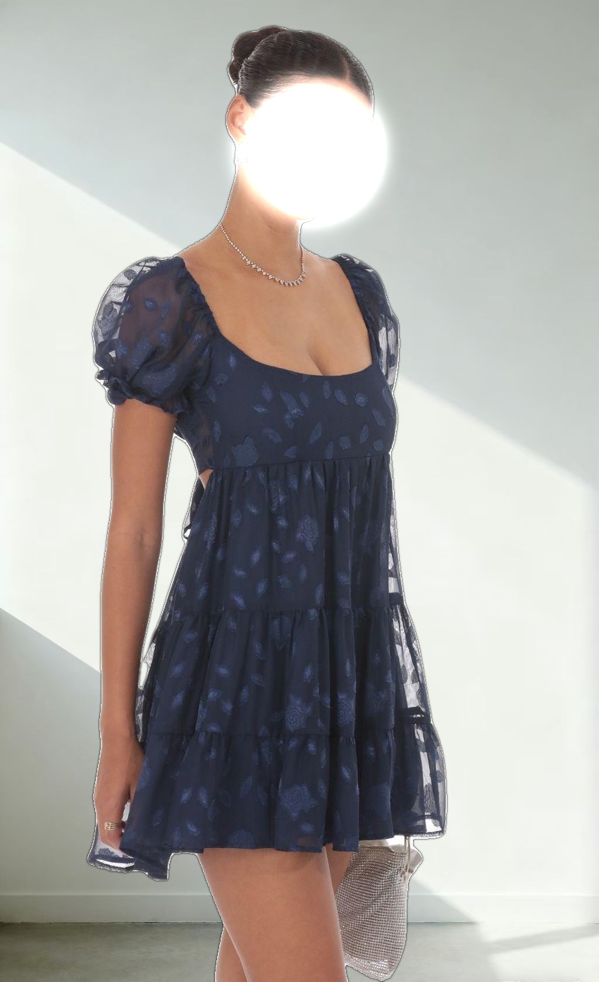 Floral Chiffon Fit and Flare Dress in Navy