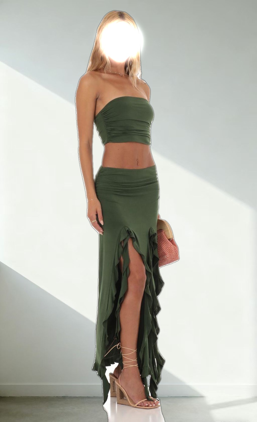 Ruffle Slit Two Piece Set in Green