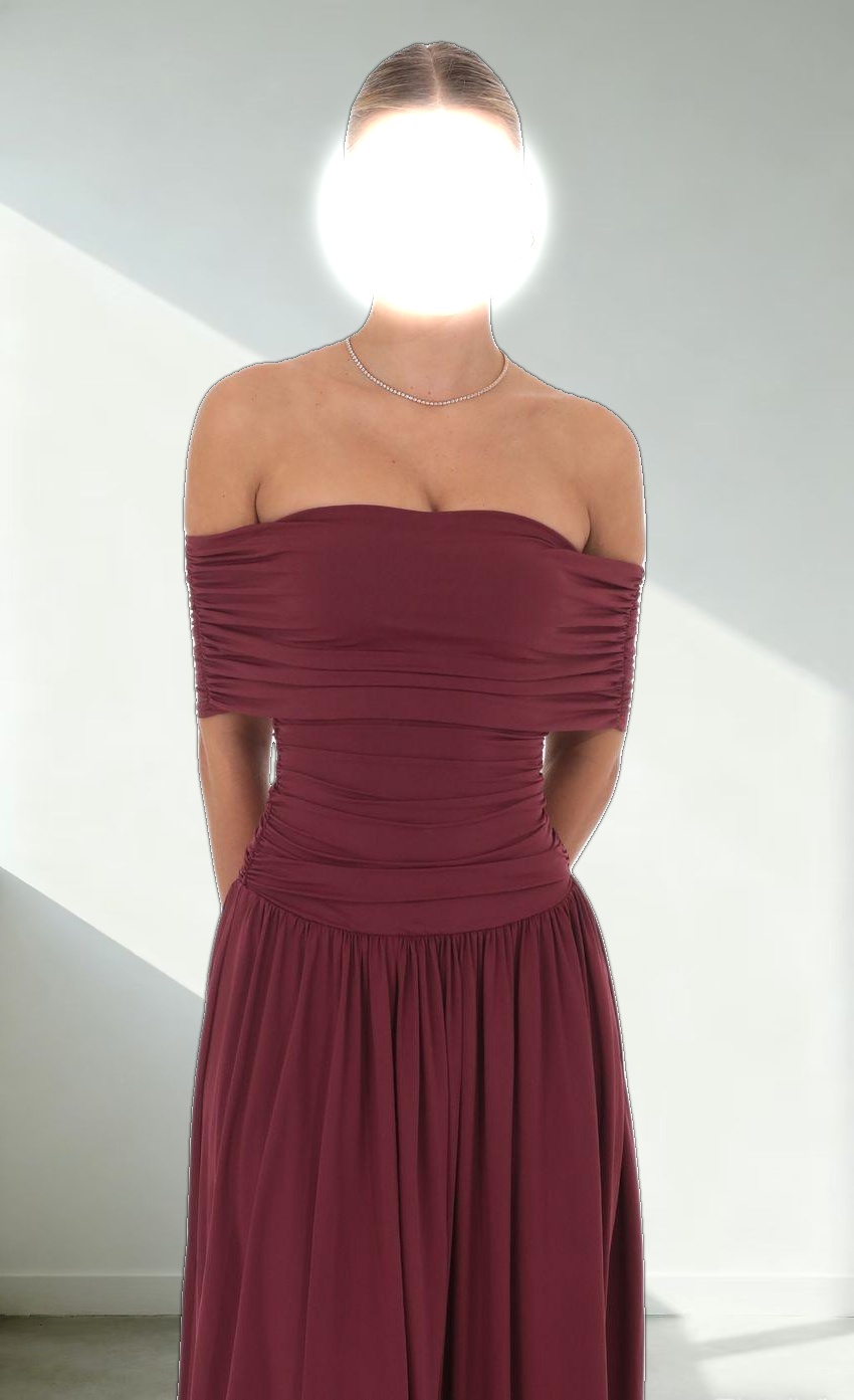 Off Shoulder Drop Waist Maxi Dress in Burgundy