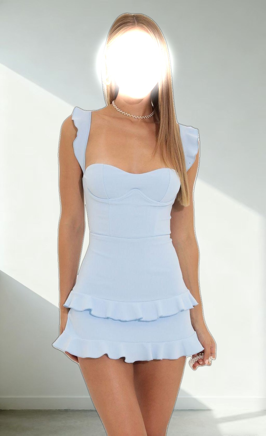 Techno Crepe Ruffle Corset Dress in Blue