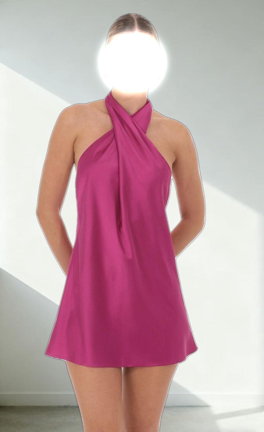 Satin Cross Halter Dress in Magenta
