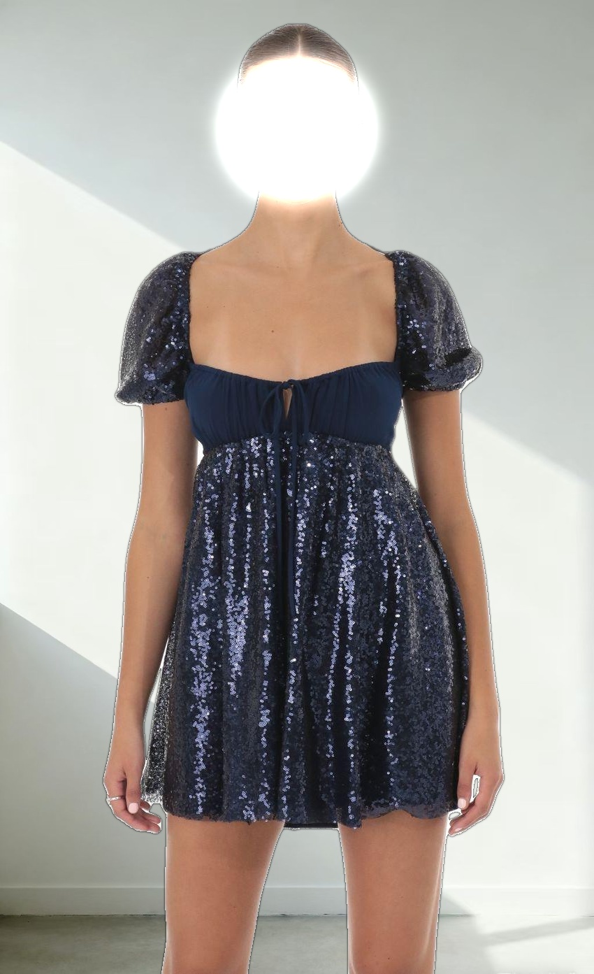 Sequin Puff Sleeve Baby Doll Dress in Navy