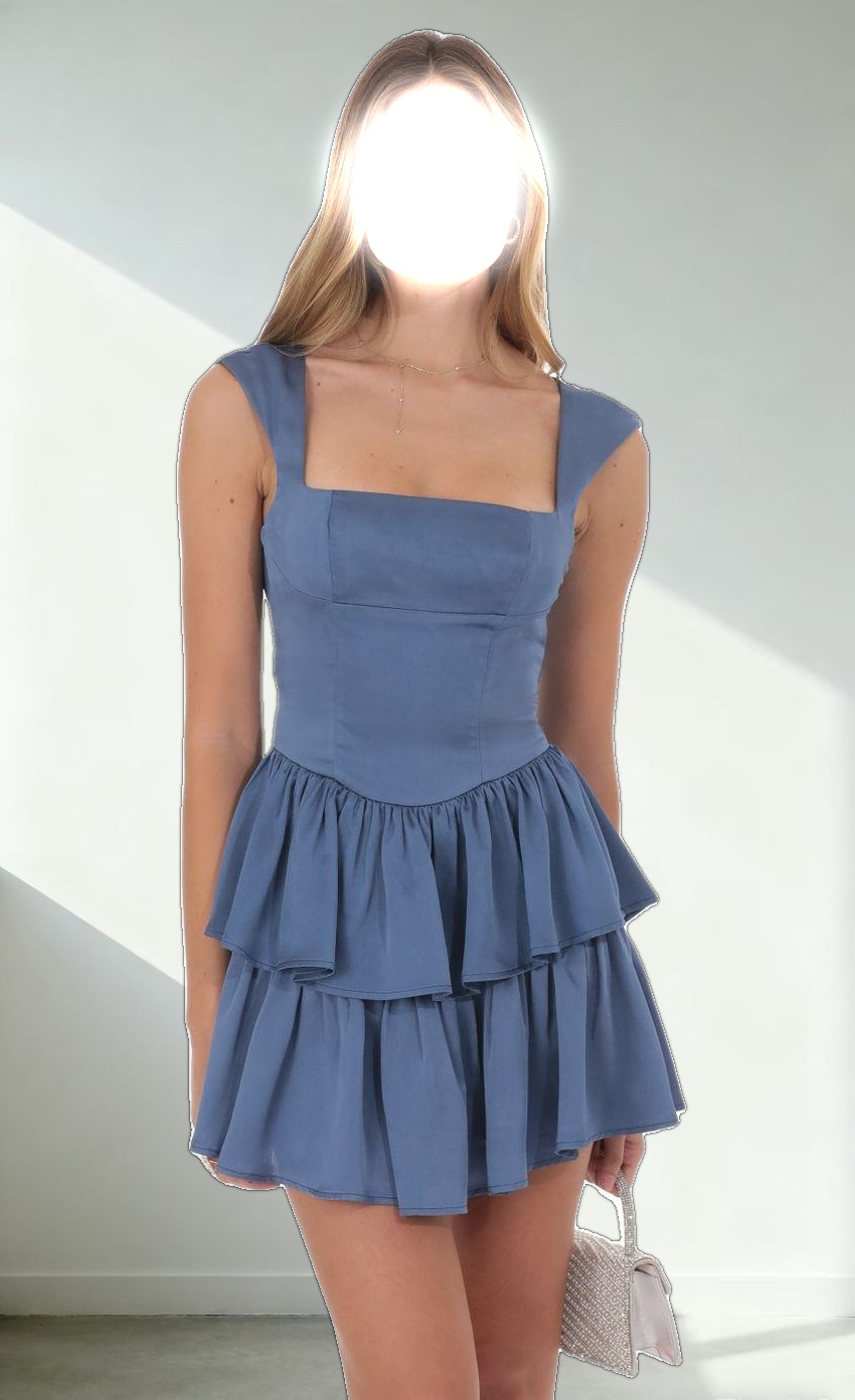 Satin Wide Strap Ruffle Dress in Denim Blue