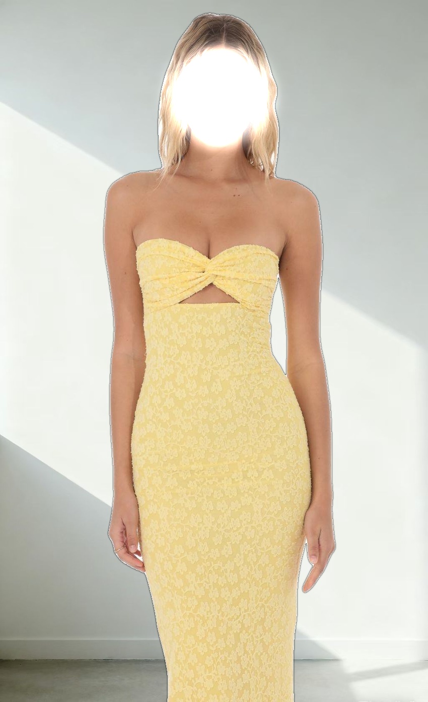 Strapless Textured Floral Twist Maxi Dress in Yellow