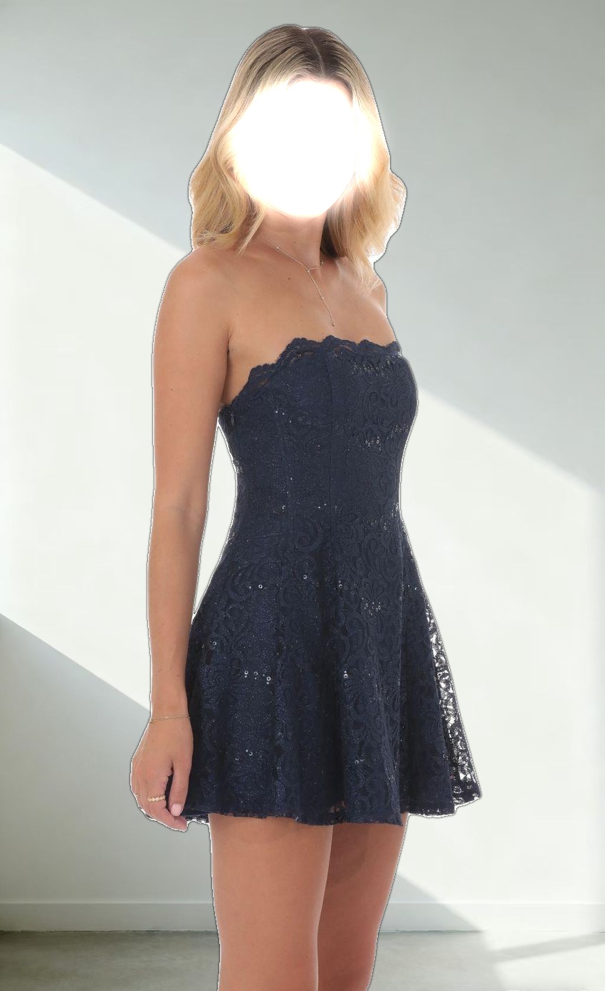 Lace Glitter Sequin Strapless Dress in Navy