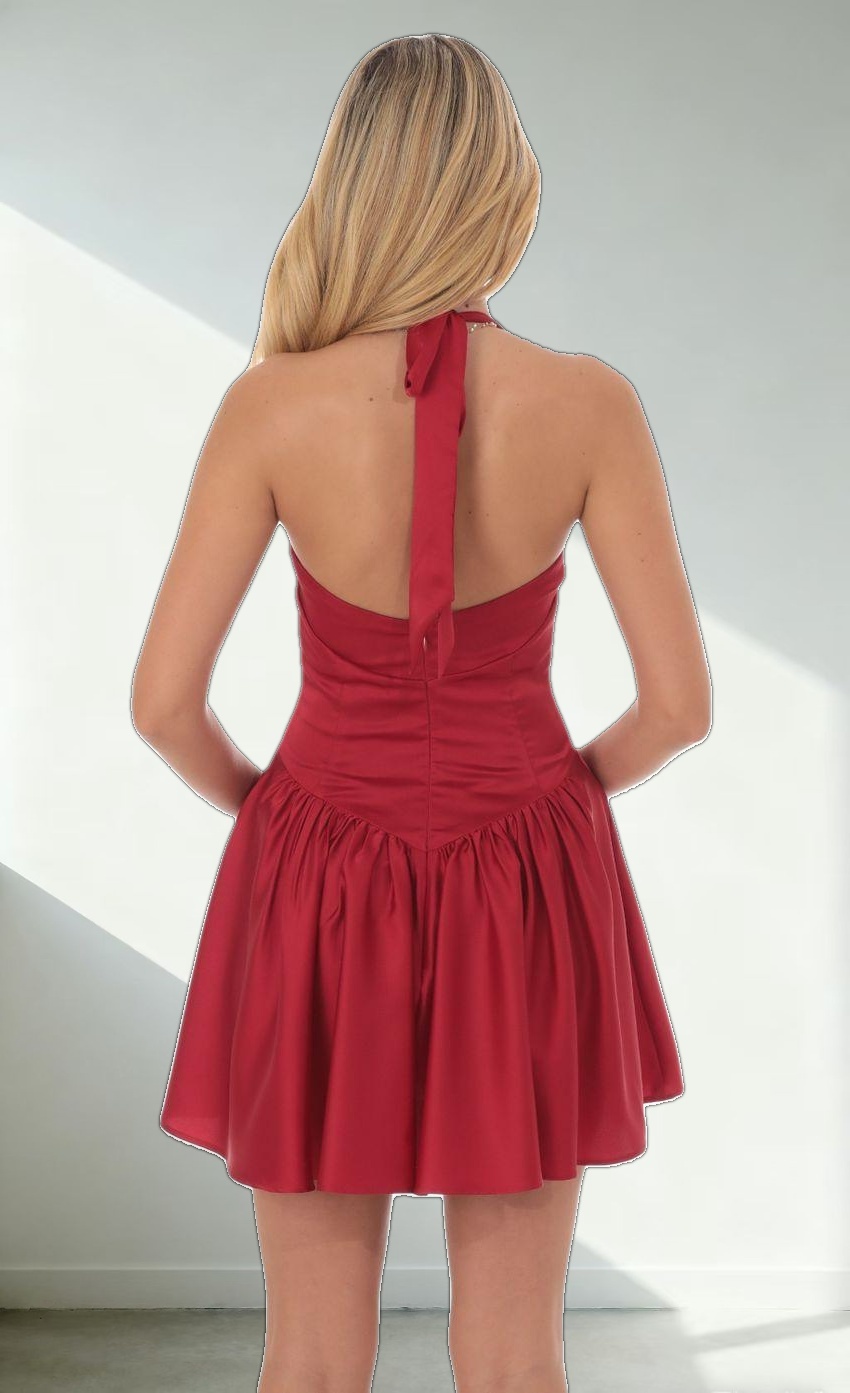 Satin Halter A-line Dress in Red