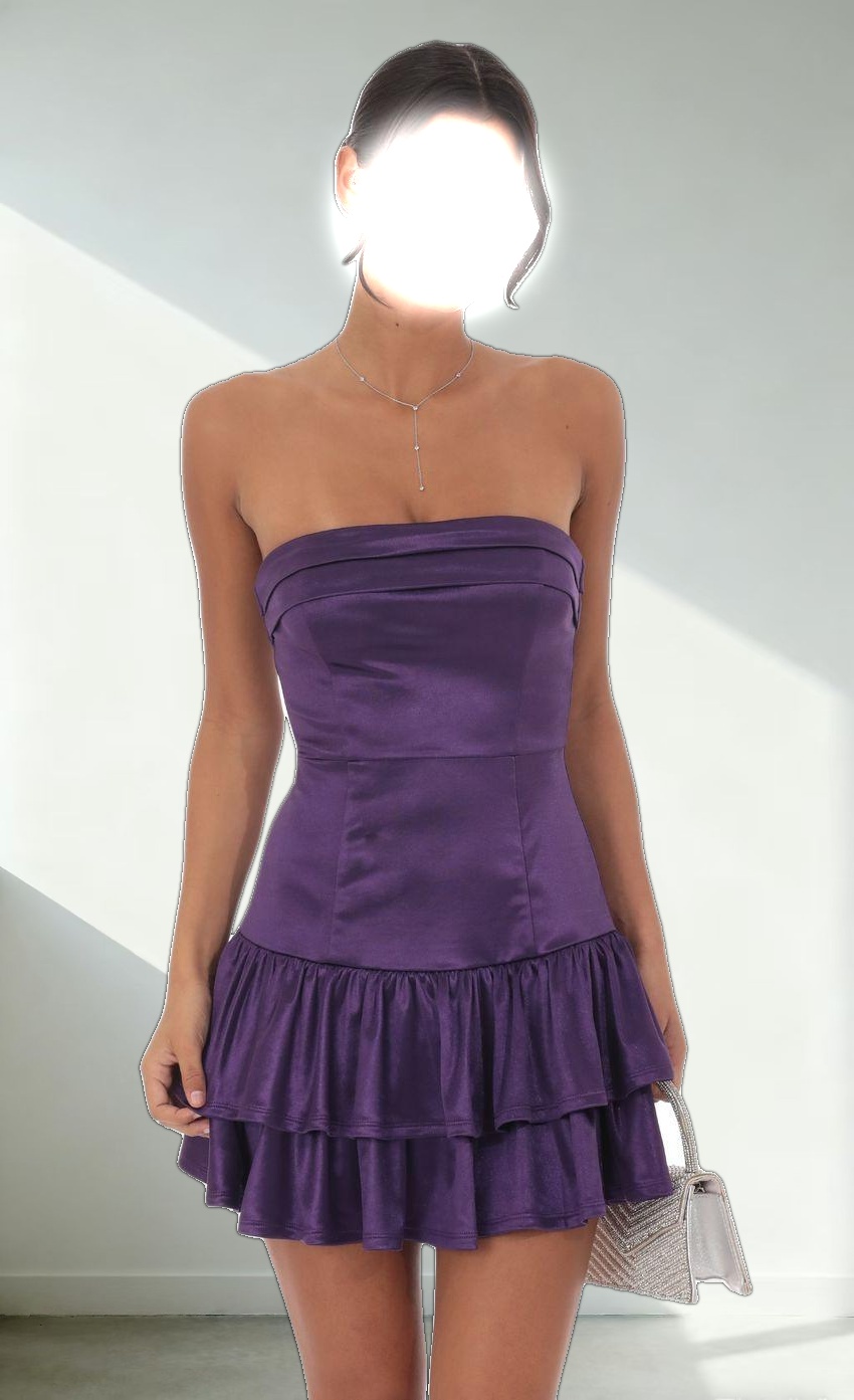 Satin Strapless Ruffle Dress in Purple