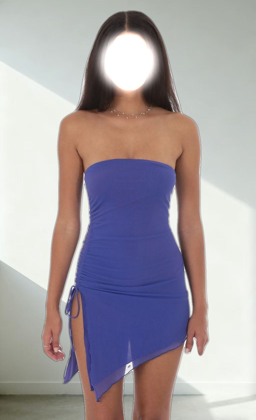 Mesh Strapless Side Ruched Dress in Indigo Blue