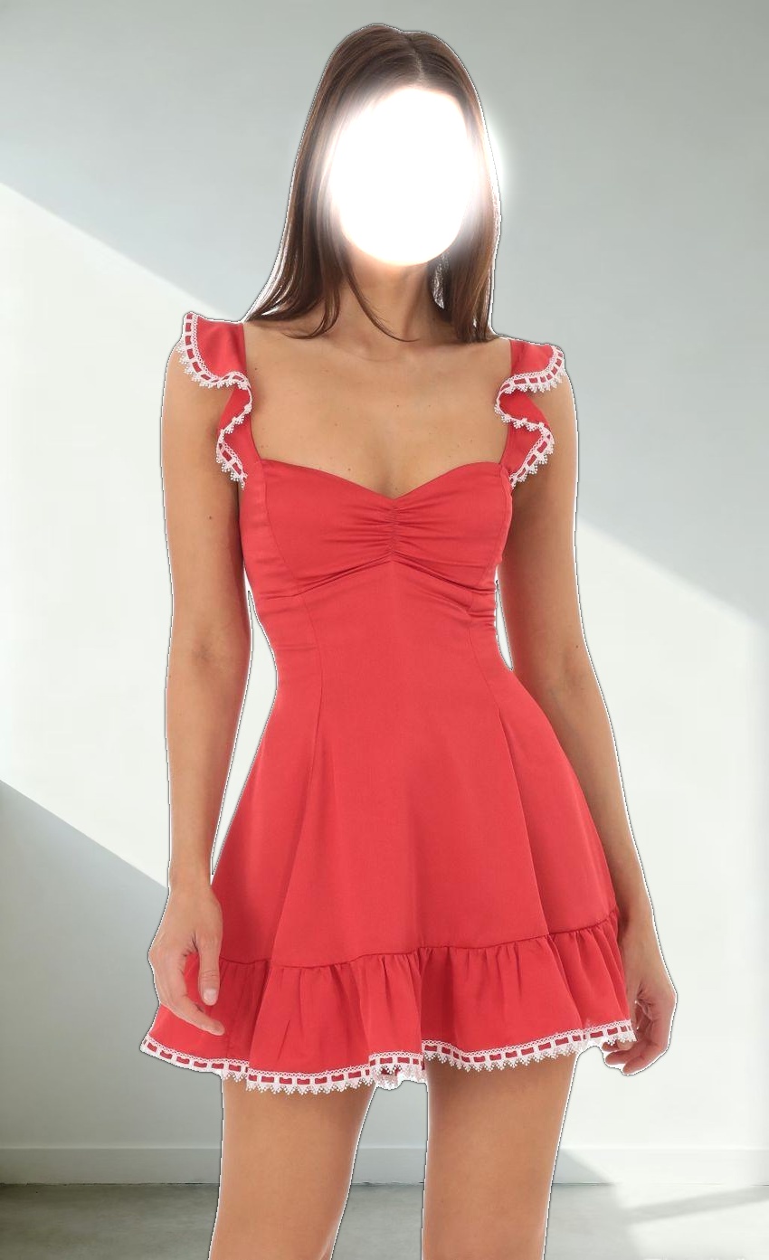 Satin Embroidery Strap A-Line Dress in Red