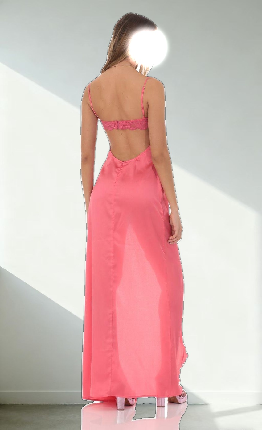 Cowl Neck Satin Open Back Maxi Dress in Coral