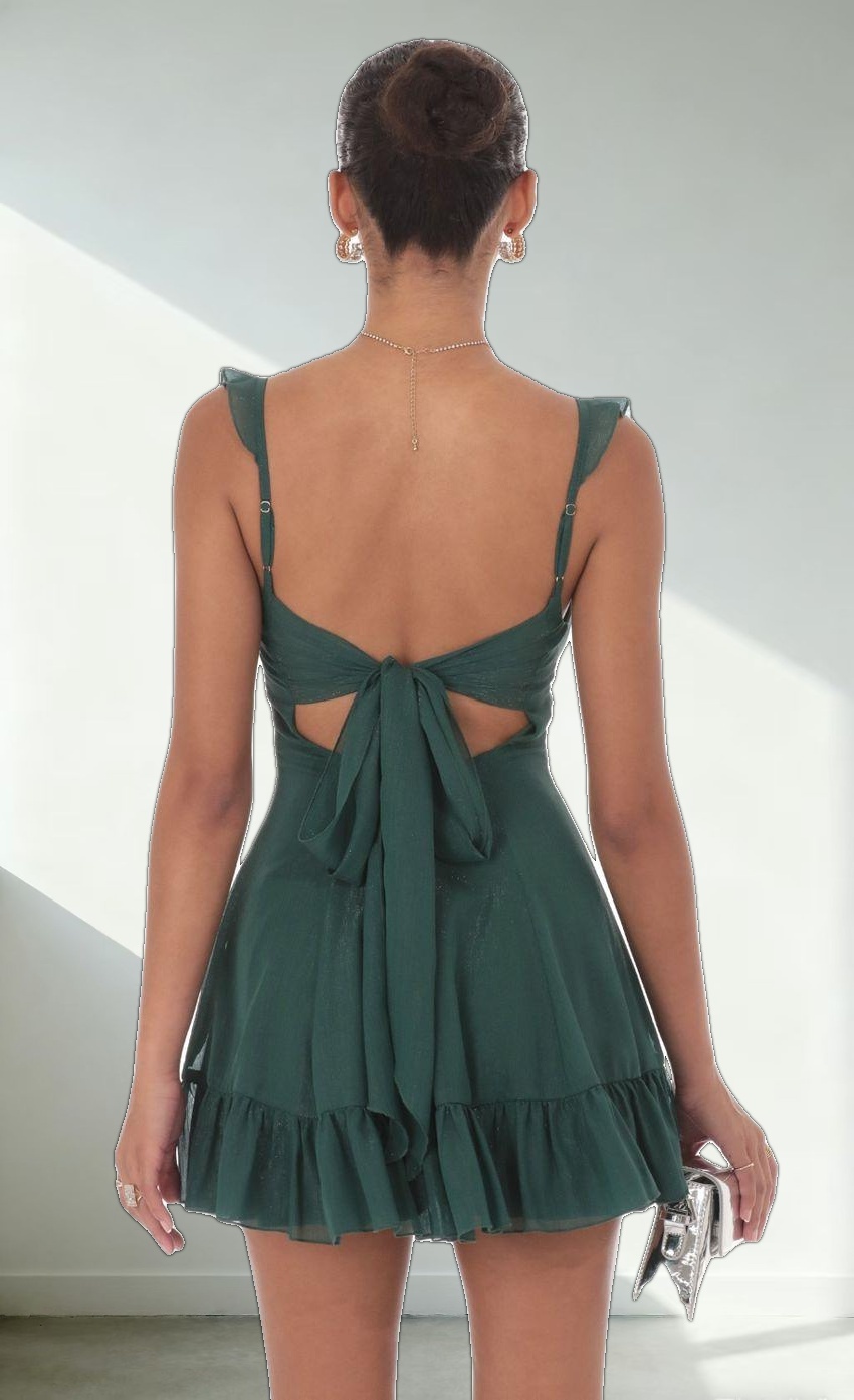 Shimmer Chiffon Ruffle Strap Dress in Green