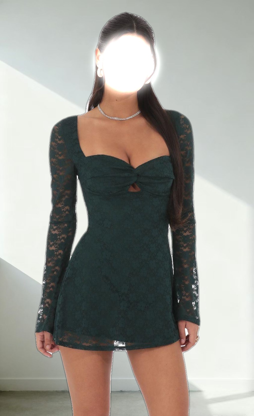 Lace Twist Cutout Dress in Green
