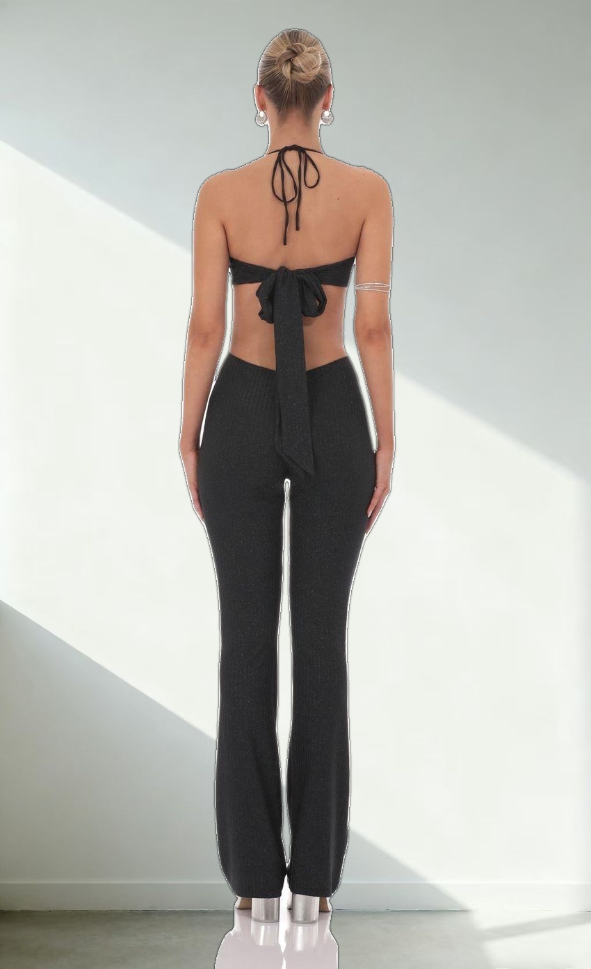 Shimmer Ribbed Cutout Jumpsuit in Black
