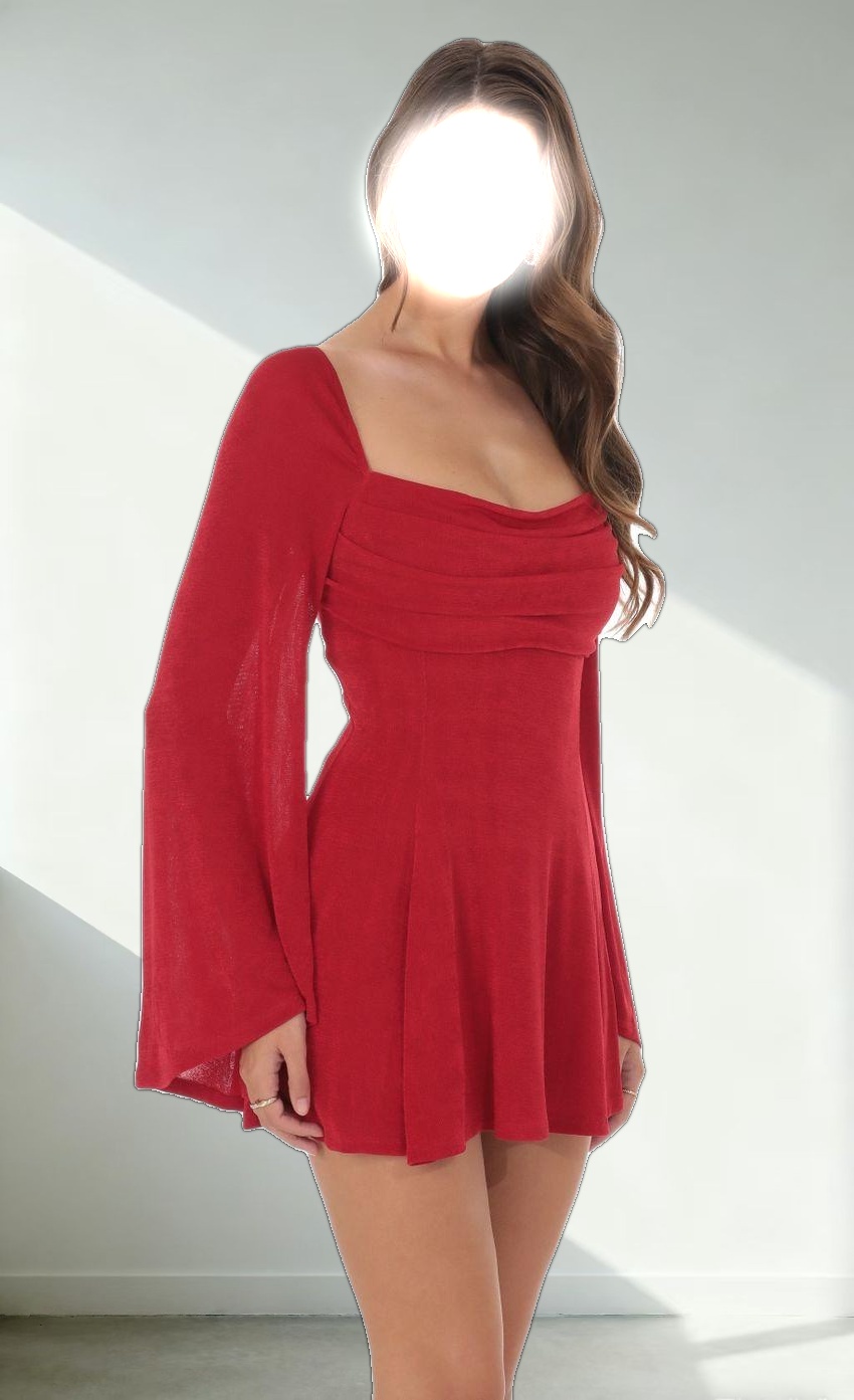 Slinky Flare Sleeve Dress in Red