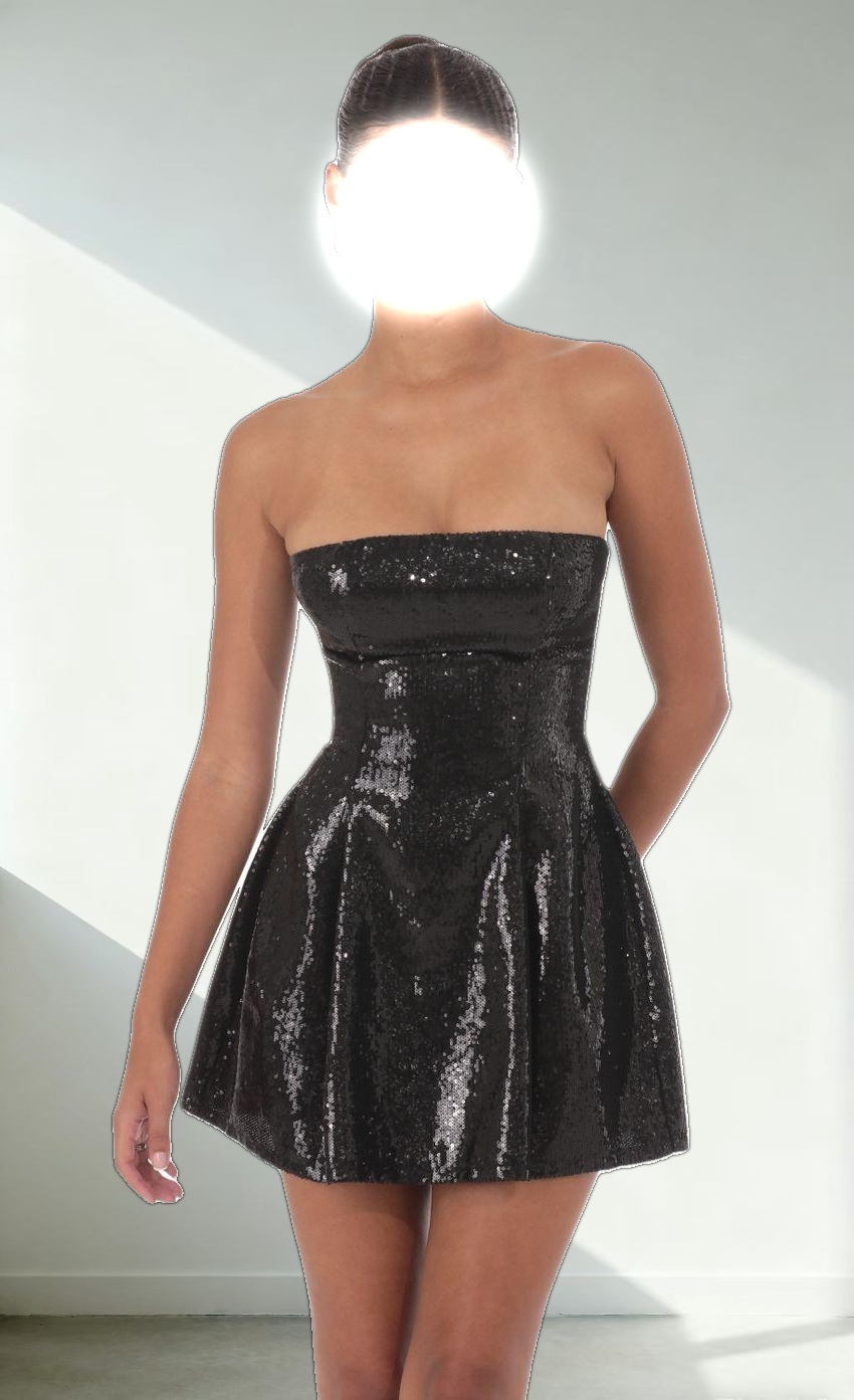 Sequin Strapless Fit and Flare Dress in Black