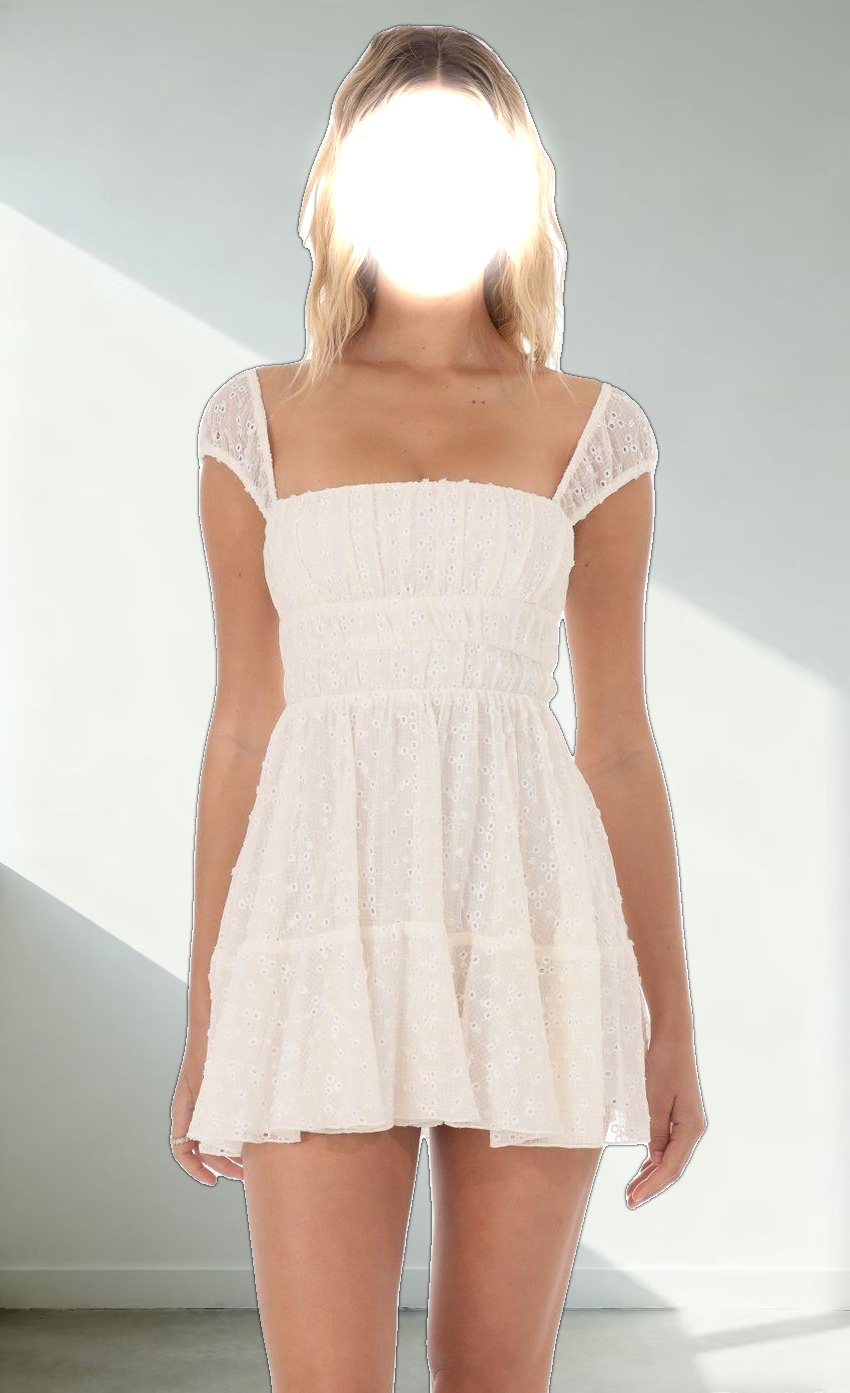 Chiffon Eyelet Cap Sleeve Dress in Cream