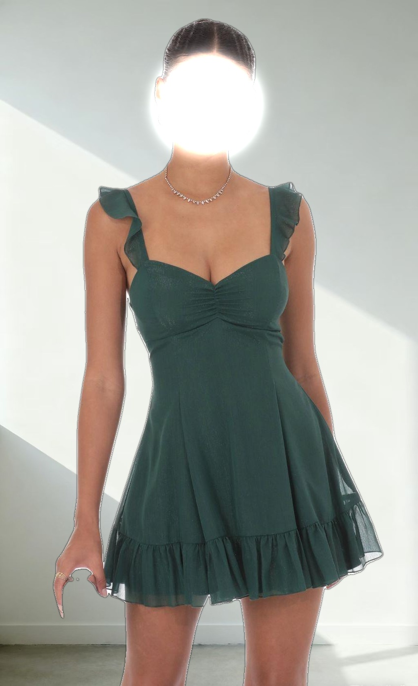 Shimmer Chiffon Ruffle Strap Dress in Green