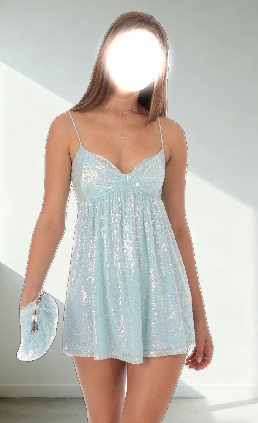 Sequin Front Bow Babydoll Dress in Seafoam Blue
