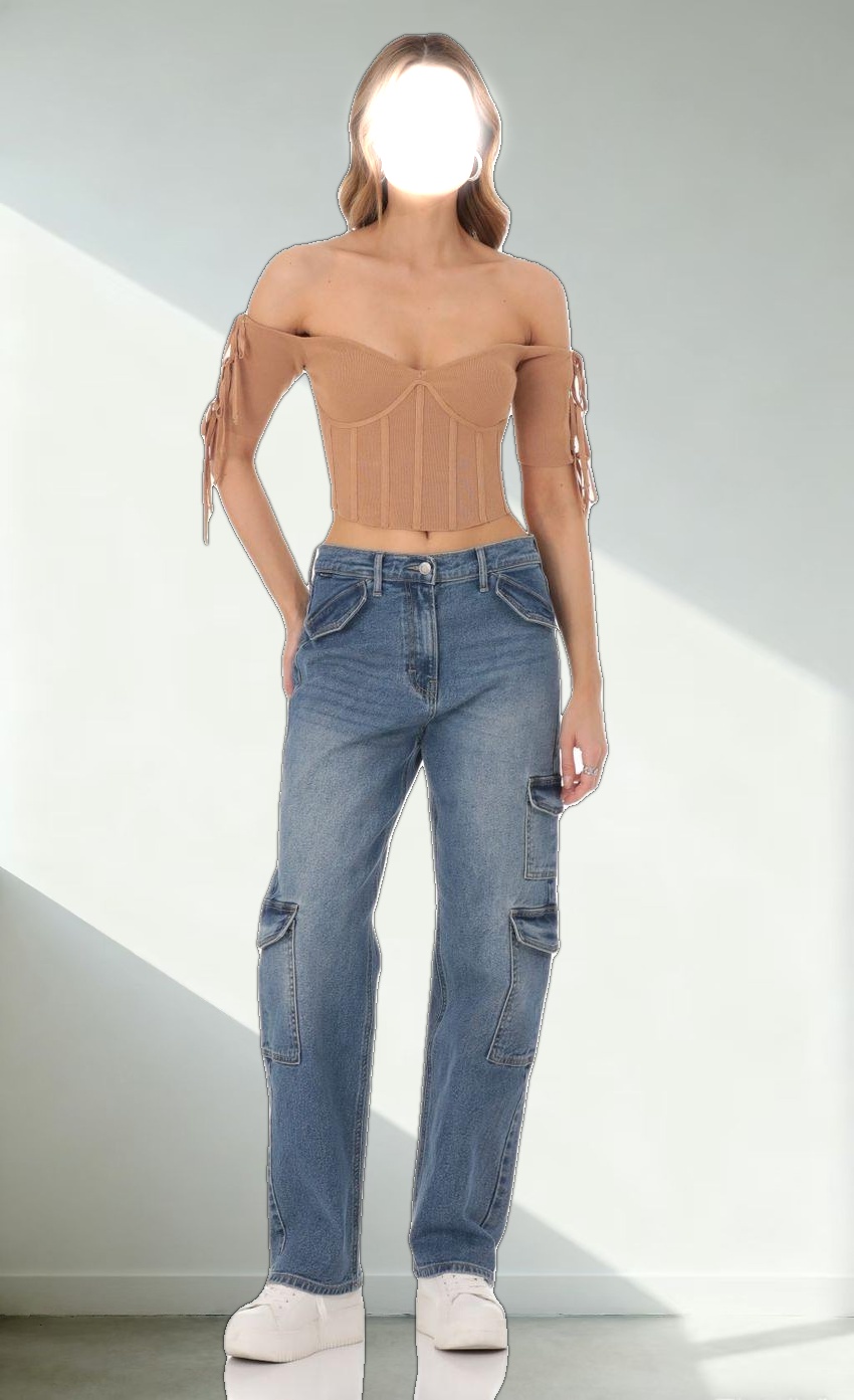 Ribbed Off Shoulder Corset Top in Brown