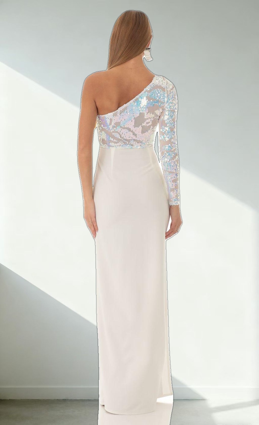 Iridescent Sequin One Shoulder Maxi Dress in White