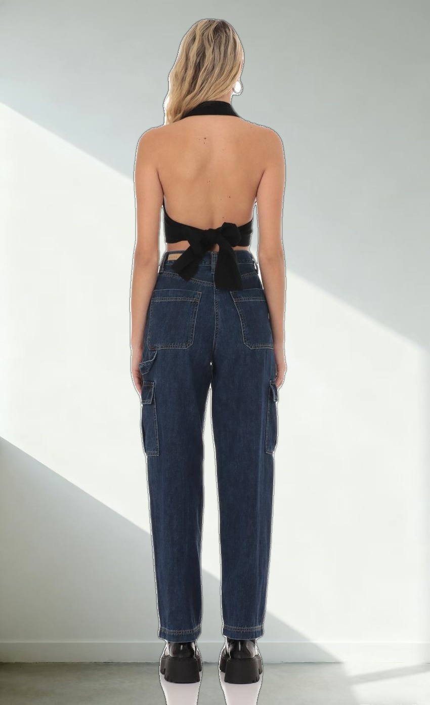 Wide Leg Cargo Jeans in Dark Denim