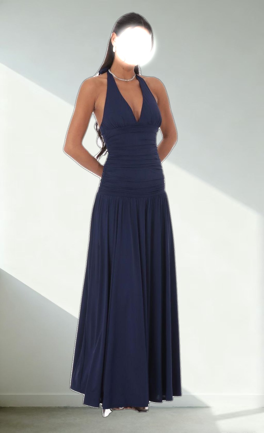 Halter Drop Waist Maxi Dress in Navy