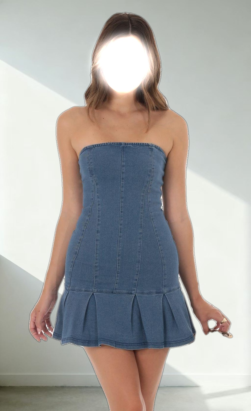 Strapless Pleated Dress in Denim